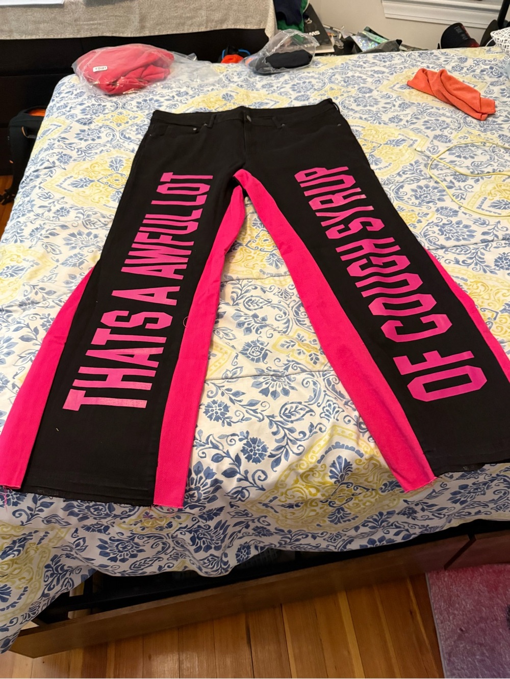 ALOC Men Black Wide-Leg Jeans with Hot Pink Side Panels and Bold Pink Letteringy